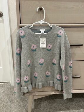 NWT: Crewcuts Gray Knit Sweater with Pink Floral Motif Kids M (8-9)